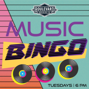 Colorful flyer for "Music Bingo" by Boulevard Brewing Co. Features bold purple and black text, vinyl records, and retro geometric shapes. Event occurs Tuesdays at 6 PM.